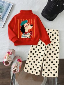 女嬰 2 件套時尚休閒茶飲小狗條紋印花立領拉鍊長袖衛衣波點印花寬腿褲柔軟面料適合聖誕出遊秋冬 - 彩色 - 查看 2