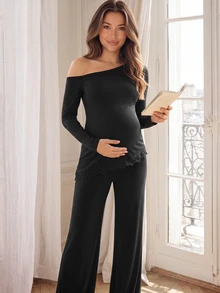 SHEIN طقم حوامل من قطعتين باللون الأسود مع دانتيل متباين وياقة غير متماثلة - الأسود - مشاهدة 4