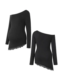 SHEIN طقم حوامل من قطعتين باللون الأسود مع دانتيل متباين وياقة غير متماثلة - الأسود - مشاهدة 8