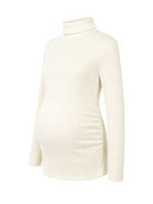 Momance Maternity Apricot Pullover High Neck Long Sleeve Knit Top - Apricot - View 7