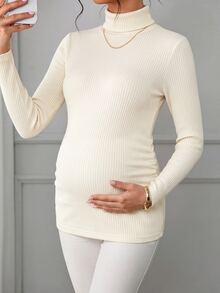 Momance Maternity Apricot Pullover High Neck Long Sleeve Knit Top - Apricot - View 2