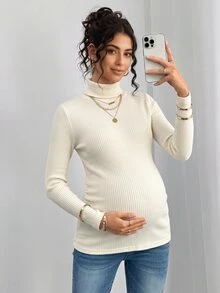 Momance Maternity Apricot Pullover High Neck Long Sleeve Knit Top - Apricot - View 3