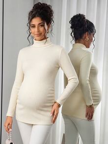 Momance Maternity Apricot Pullover High Neck Long Sleeve Knit Top - Apricot - View 1
