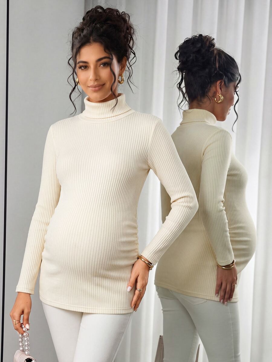 Momance Maternity Apricot Pullover High Neck Long Sleeve Knit Top - Apricot - View 1