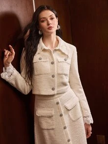 MOTF PREMIUM WOMEN'S EMBROIDERED COLLAR COLORBLOCK PATCHWORK FITTED SHORT JACKET, AUTUMN/WINTER - White - View 8