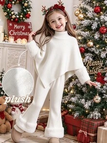 SHEIN 女童 2 件套秋季休閒 T 恤套裝，不對稱套頭高領針織上衣與喇叭褲，袖口拼接毛絨，生日白色 - 白色 - 查看 4