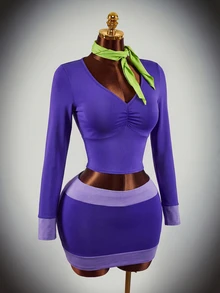 Amplova 3pcs Women's Halloween Costume Cosplay Party Purple Cartoon Colorblock Ruched Bust Crop Tee & Bodycon Skirt & Scarf - Purple - View 1