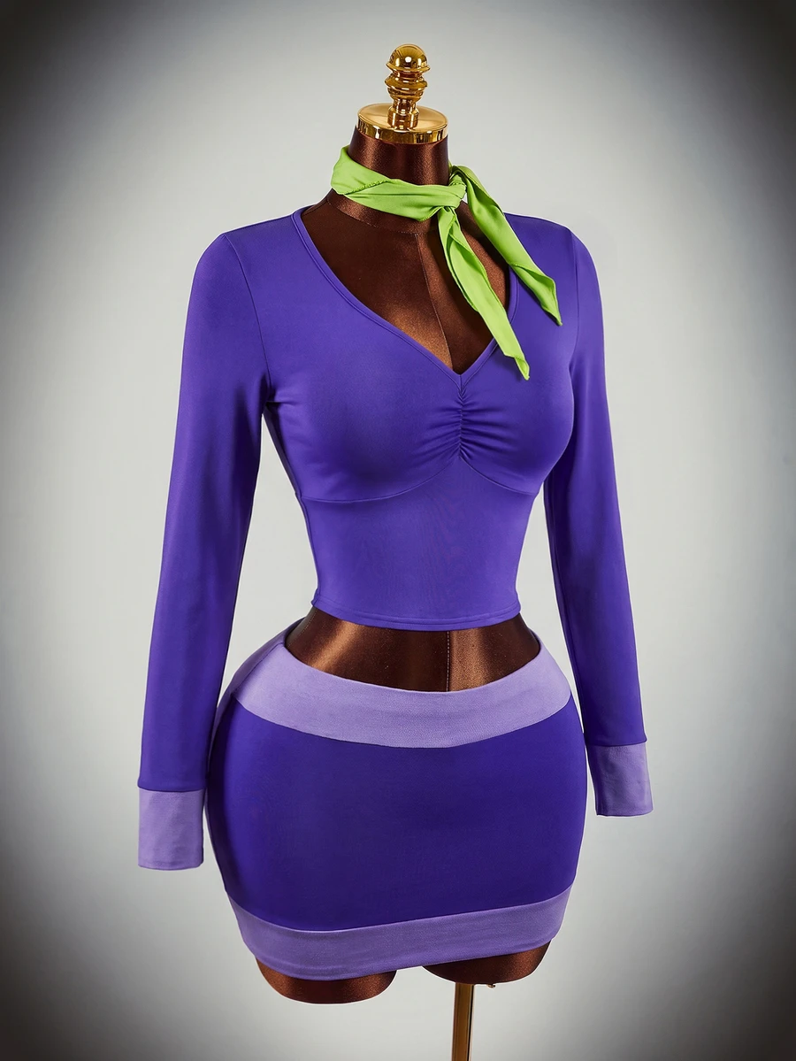 Amplova 3pcs Women's Halloween Costume Cosplay Party Purple Cartoon Colorblock Ruched Bust Crop Tee & Bodycon Skirt & Scarf - Purple - View 1