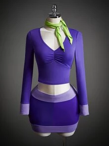 Amplova 3pcs Women's Halloween Costume Cosplay Party Purple Cartoon Colorblock Ruched Bust Crop Tee & Bodycon Skirt & Scarf - Purple - View 5