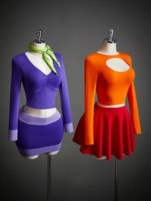 Amplova 3pcs Women's Halloween Costume Cosplay Party Purple Cartoon Colorblock Ruched Bust Crop Tee & Bodycon Skirt & Scarf - Purple - View 2