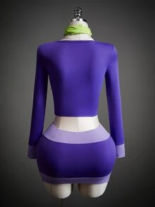Amplova 3pcs Women's Halloween Costume Cosplay Party Purple Cartoon Colorblock Ruched Bust Crop Tee & Bodycon Skirt & Scarf - Purple - View 3