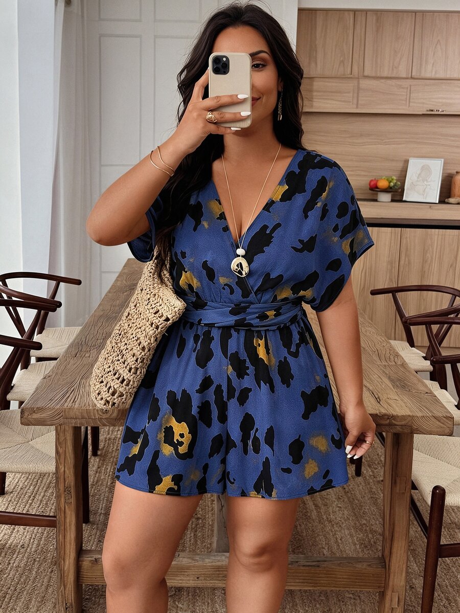 Weeklong Women's Plus Size Summer Vacation Casual Sexy Blue And Yellow Print V-Neck Batwing Sleeve Ruched Jumpsuit Beach Brunch - Navy Blue - View 1