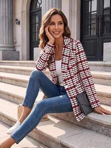 SHEIN Clasi Áo blazer nữ thanh lịch thường ngày họa tiết kẻ caro, tay dài, phong cách công sở mùa thu, màu trắng họa tiết da động vật - Đỏ - Xem 1