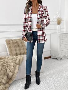 SHEIN Clasi Áo blazer nữ thanh lịch thường ngày họa tiết kẻ caro, tay dài, phong cách công sở mùa thu, màu trắng họa tiết da động vật - Đỏ - Xem 3