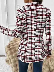 SHEIN Clasi Áo blazer nữ thanh lịch thường ngày họa tiết kẻ caro, tay dài, phong cách công sở mùa thu, màu trắng họa tiết da động vật - Đỏ - Xem 2