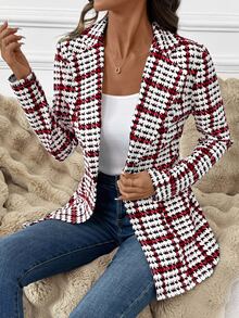 SHEIN Clasi Áo blazer nữ thanh lịch thường ngày họa tiết kẻ caro, tay dài, phong cách công sở mùa thu, màu trắng họa tiết da động vật - Đỏ - Xem 4