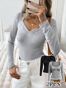 Easowa Casual Home Wear Fall Women's T-Shirt 2PCS Square Neck Fitted Long Sleeve T-Shirt Everyday Black Grey - Multicolor - View 3