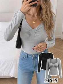 Easowa Casual Home Wear Fall Women's T-Shirt 2PCS Square Neck Fitted Long Sleeve T-Shirt Everyday Black Grey - Multicolor - View 1