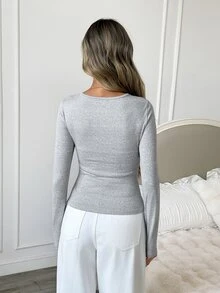 Easowa Casual Home Wear Fall Women's T-Shirt 2PCS Square Neck Fitted Long Sleeve T-Shirt Everyday Black Grey - Multicolor - View 8