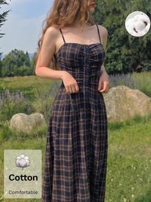 SHEIN MOD Women Cotton Plaid Ruched Spaghetti Strap Sleeveless Long Navy Cottagecore French Dress Brunch Tea Party Vacation Autumn Winter.Halloween - Navy Blue - View 6