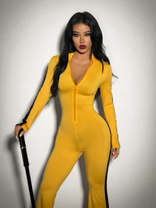 Amplova Women's Cosplay Black And Yellow Halloween Cos Costume Colorblock Casual Daily Wear Jumpsuit - Yellow - View 7