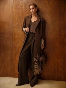 MOTF PREMIUM SINGLE-BREASTED WOOL LONG OVERCOAT WITH GOLD FOIL DETAIL - Mocha Brown - View 5