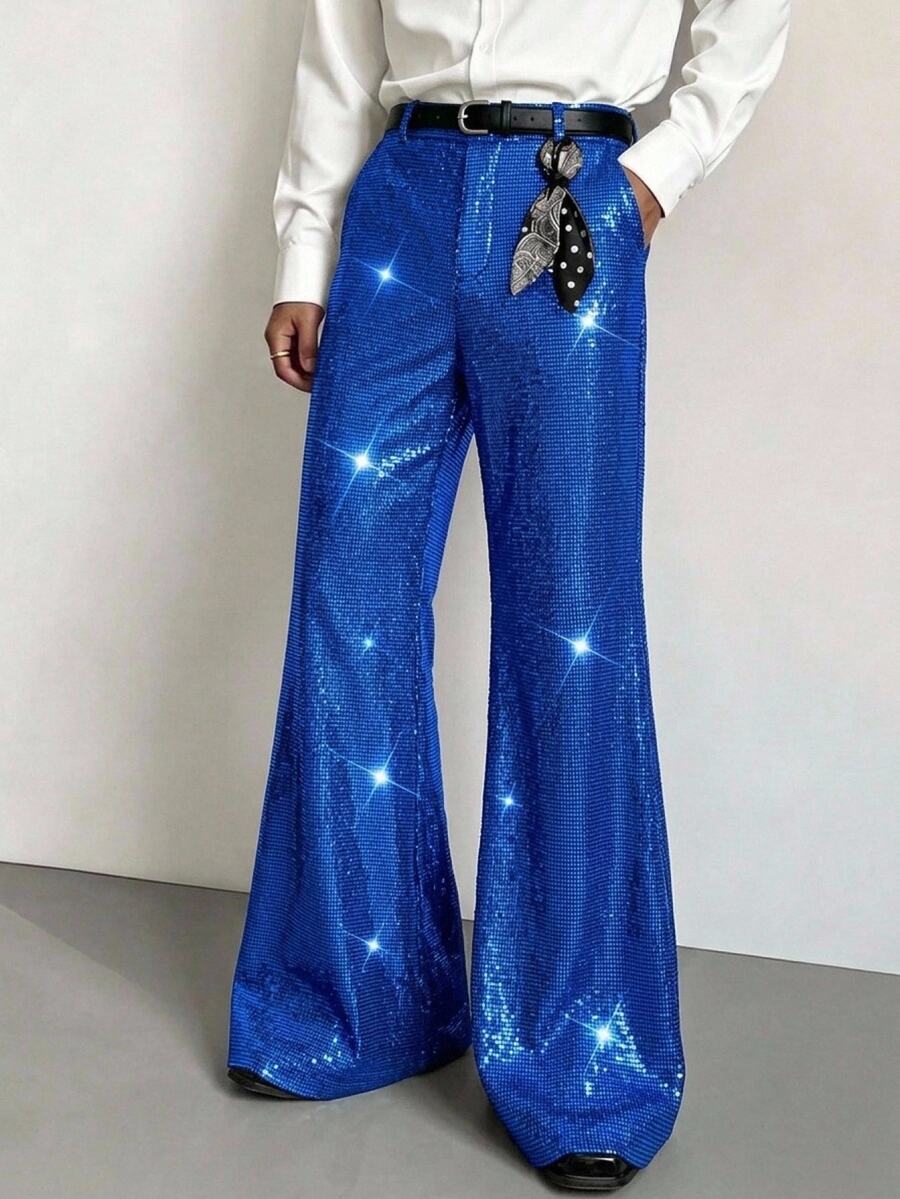 Manfinity RebelGame Men's Knitted Casual Sequin Foil Print Long Pants - Royal Blue - View 1