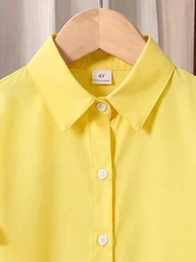SHEIN 女童可愛對比滾邊蝴蝶結領長袖襯衫，學院風鈕扣開襟上衣 - 黃色 - 查看 3