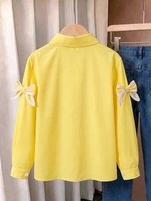 SHEIN 女童可愛對比滾邊蝴蝶結領長袖襯衫，學院風鈕扣開襟上衣 - 黃色 - 查看 2