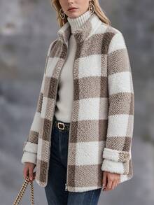 Solivie Women's Autumn/Winter Camel Furry Plaid Zipper Front Jacket Going Out Outfit Plaid Shirt Work Outfits For Women - Camel - View 6