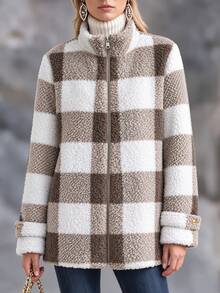 Solivie Women's Autumn/Winter Camel Furry Plaid Zipper Front Jacket Going Out Outfit Plaid Shirt Work Outfits For Women - Camel - View 3