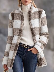 Solivie Women's Autumn/Winter Camel Furry Plaid Zipper Front Jacket Going Out Outfit Plaid Shirt Work Outfits For Women - Camel - View 1