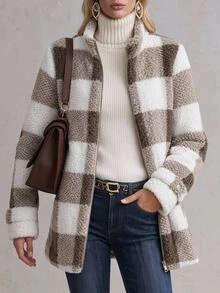 Solivie Women's Autumn/Winter Camel Furry Plaid Zipper Front Jacket Going Out Outfit Plaid Shirt Work Outfits For Women - Camel - View 7