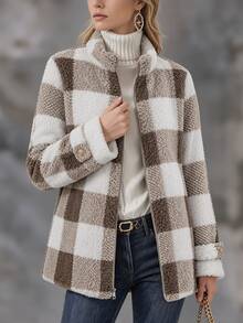 Solivie Women's Autumn/Winter Camel Furry Plaid Zipper Front Jacket Going Out Outfit Plaid Shirt Work Outfits For Women - Camel - View 4