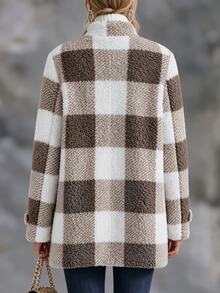 Solivie Women's Autumn/Winter Camel Furry Plaid Zipper Front Jacket Going Out Outfit Plaid Shirt Work Outfits For Women - Camel - View 8