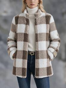 Solivie Women's Autumn/Winter Camel Furry Plaid Zipper Front Jacket Going Out Outfit Plaid Shirt Work Outfits For Women - Camel - View 5