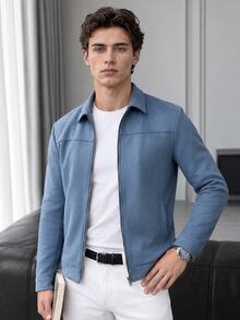 JOLTRO Men's Long Sleeve Solid Color Zipper Jacket, Simple Casual Style For Daily Wear, For Fall - Dusty Blue - View 1