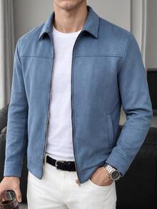 JOLTRO Men's Long Sleeve Solid Color Zipper Jacket, Simple Casual Style For Daily Wear, For Fall - Dusty Blue - View 3