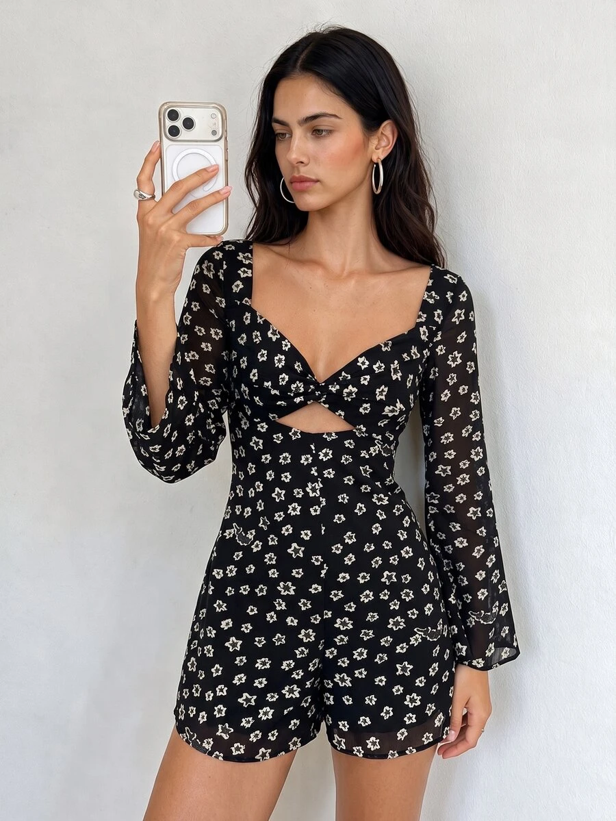 BAD SUNDAY Women's Party Vacation Brunch Style Star Chiffon Long Sleeve Jumpsuit Y2K Boho Millennium Hot Girl Black Floral Autumn Winter - Black and White - View 1