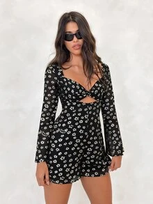 BAD SUNDAY Women's Party Vacation Brunch Style Star Chiffon Long Sleeve Jumpsuit Y2K Boho Millennium Hot Girl Black Floral Autumn Winter - Black and White - View 6