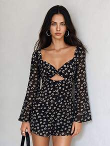 BAD SUNDAY Women's Party Vacation Brunch Style Star Chiffon Long Sleeve Jumpsuit Y2K Boho Millennium Hot Girl Black Floral Autumn Winter - Black and White - View 3