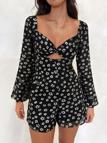 BAD SUNDAY Women's Party Vacation Brunch Style Star Chiffon Long Sleeve Jumpsuit Y2K Boho Millennium Hot Girl Black Floral Autumn Winter - Black and White - View 7