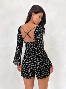 BAD SUNDAY Women's Party Vacation Brunch Style Star Chiffon Long Sleeve Jumpsuit Y2K Boho Millennium Hot Girl Black Floral Autumn Winter - Black and White - View 5