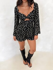 BAD SUNDAY Women's Party Vacation Brunch Style Star Chiffon Long Sleeve Jumpsuit Y2K Boho Millennium Hot Girl Black Floral Autumn Winter - Black and White - View 8