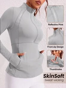 SHEIN Sports Women's Solid Color Long Sleeve Half-Zip Pocket Sports Sweatshirt - Light Grey - View 1