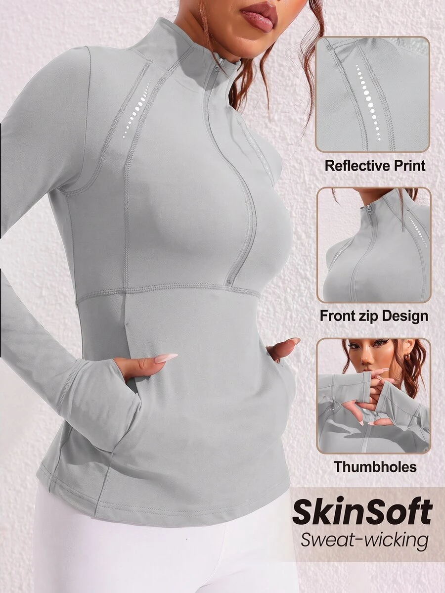 SHEIN Sports Women's Solid Color Long Sleeve Half-Zip Pocket Sports Sweatshirt - Light Grey - View 1