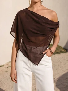 Juhart Brown Retro Elegant Sexy Chiffon Asymmetrical Triangular Hem Shoulder Twisted Knot Sleeve Shirt - Coffee Brown - View 5