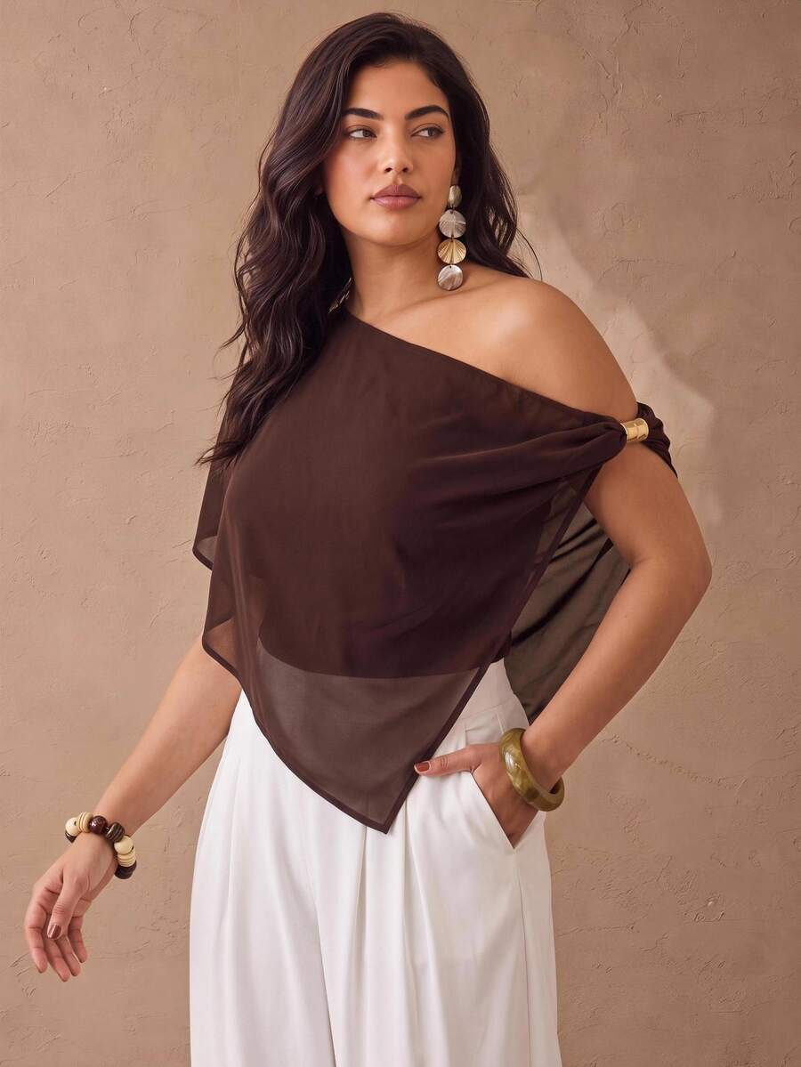 Juhart Brown Retro Elegant Sexy Chiffon Asymmetrical Triangular Hem Shoulder Twisted Knot Sleeve Shirt - Coffee Brown - View 1