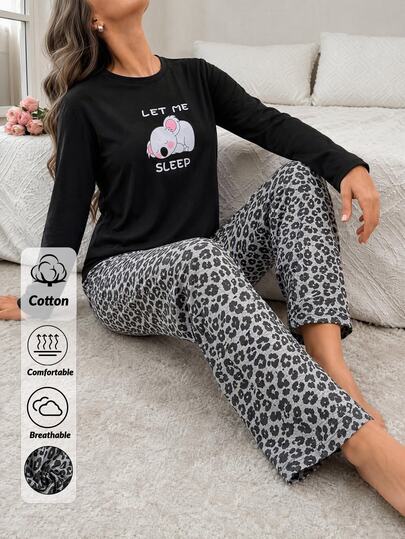 SHEIN Women Let Me Sleep Koala Graphic Crew Neck Long Sleeve Black Top And Grey Leopard Print Straight Leg Pants Soft Casual Relaxed Fit 2 Pieces Pajama