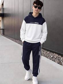 SHEIN 2件組青少年男孩休閒極簡長袖連帽衛衣舒適運動衫套裝，適合秋冬，經典復古配色拼接圖案印花，適合學校，適合返校季 - 藏蓝色 - 查看 5